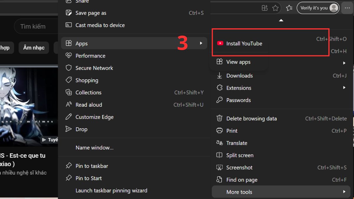 Chọn tính năng Install this site as an app để tải youtube miễn phí cho máy tính.