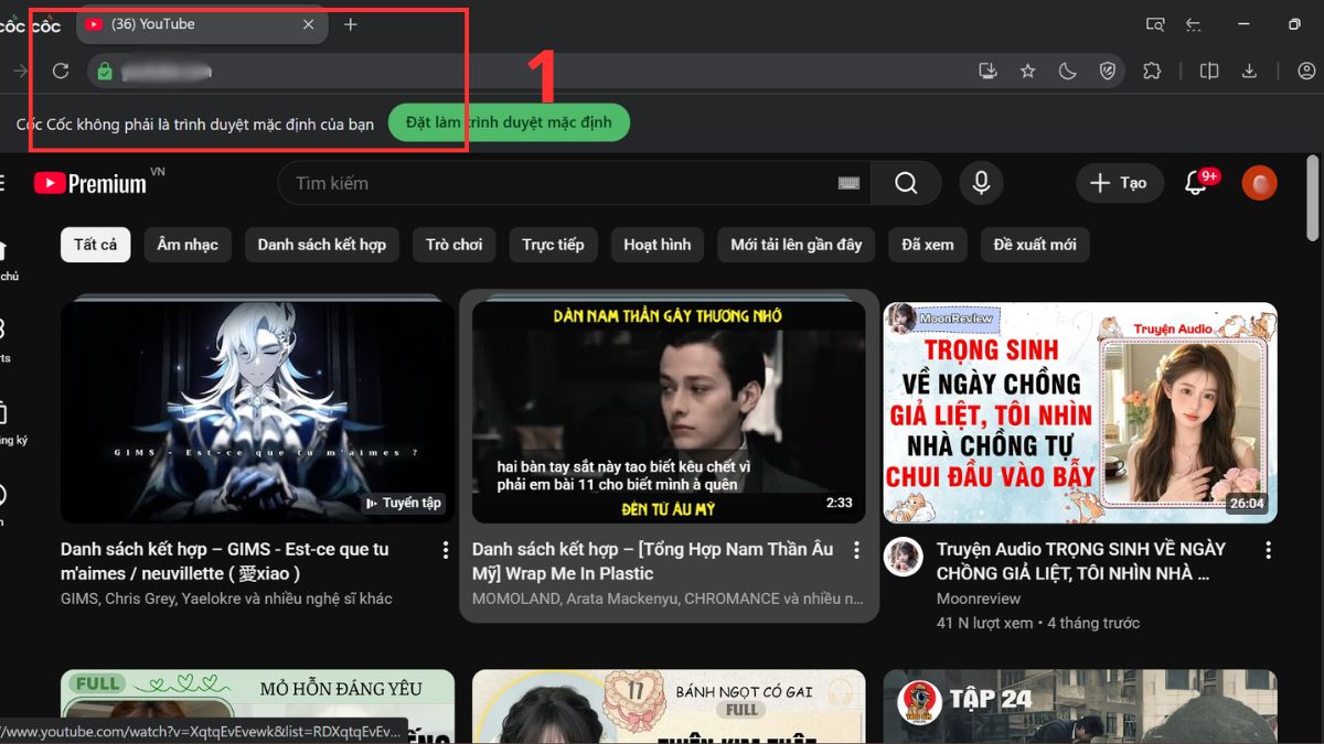 Truy cập trang chủ YouTube trên trình duyệt Cốc Cốc để tải youtube cho máy tính.