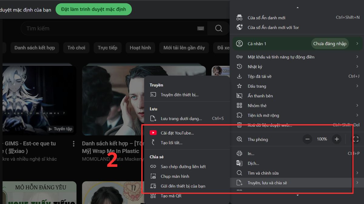 Menu ba dấu gạch ngang của Cốc Cốc hỗ trợ tải youtube miễn phí cho máy tính.