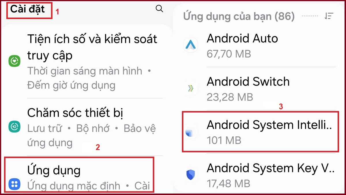 Quản lý thông báo ứng dụng: Hướng dẫn vào mục Ứng dụng để tắt thông báo hệ thống Android.