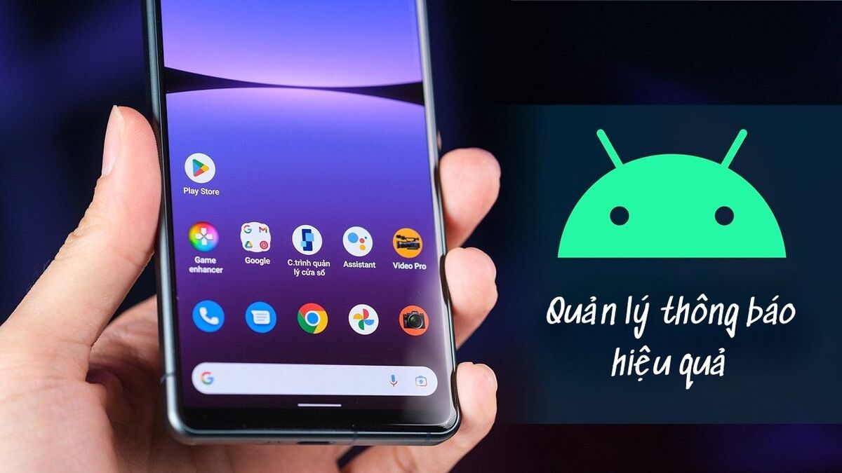 Hình ảnh một chiếc điện thoại Android và logo Android, minh họa lợi ích của việc quản lý thông báo hiệu quả và tắt thông báo hệ thống Android.