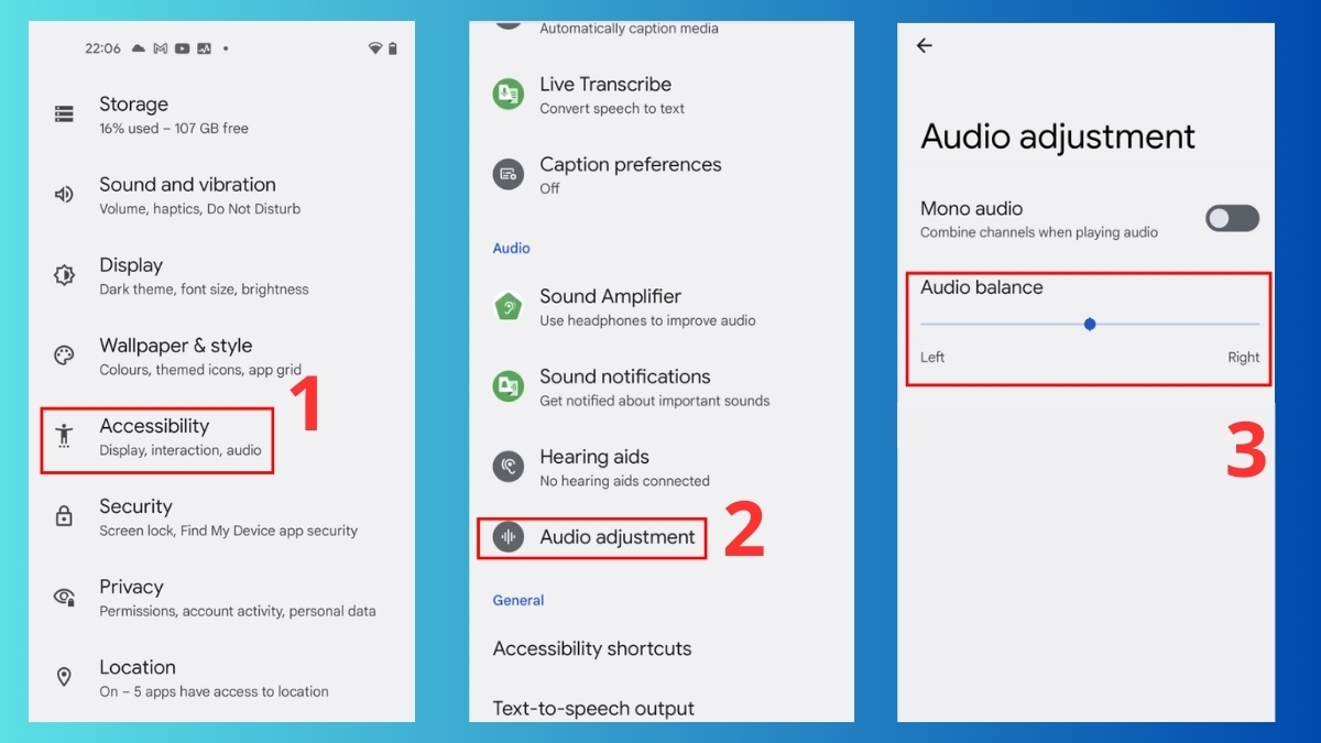 Kéo thanh gạt Balance trên Android để định cấu hình tai nghe bluetooth chỉ nghe được 1 bên.