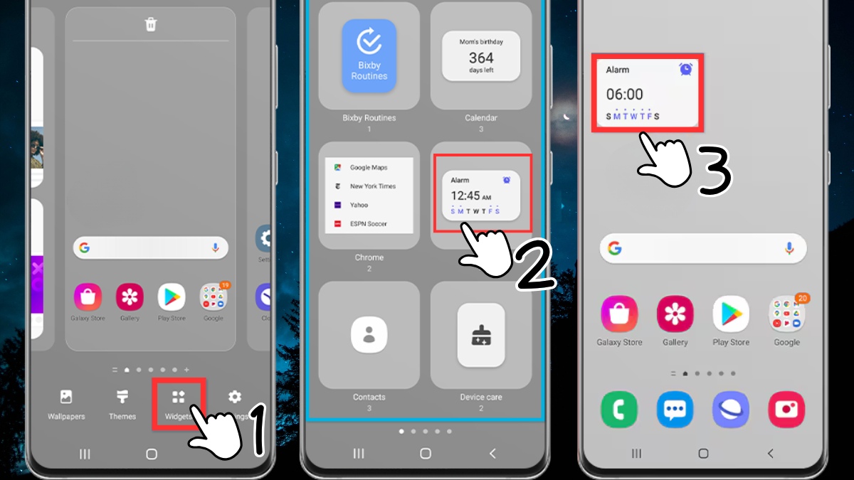 Cách thêm widget Android mặc định bằng cách giữ màn hình chính và chọn mục Widgets để tìm kiếm tiện ích mong muốn.