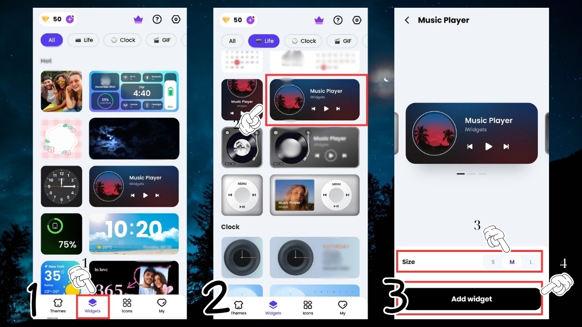 Ứng dụng tạo widget Android giúp bạn thêm các tiện ích có sẵn như trình phát nhạc, với các tùy chỉnh về kích thước widget trước khi thêm vào màn hình.