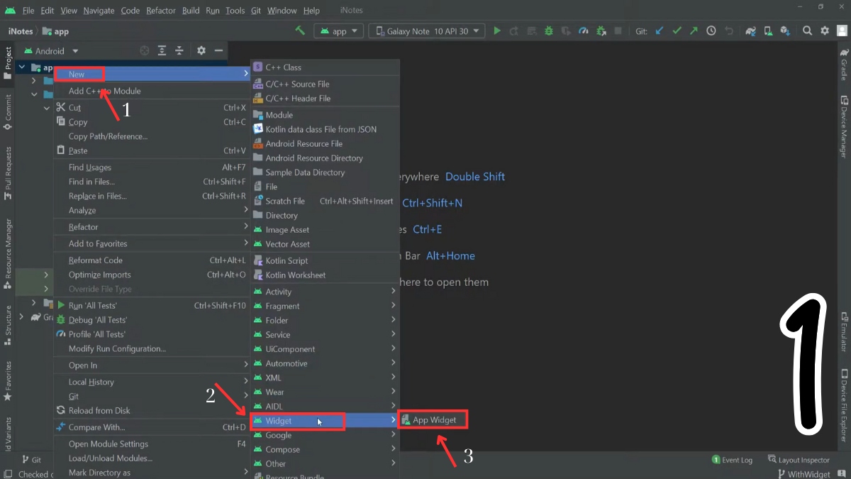 Cách tạo widget cho Android tùy chỉnh trong Android Studio, bắt đầu bằng việc tạo mới một App Widget.
