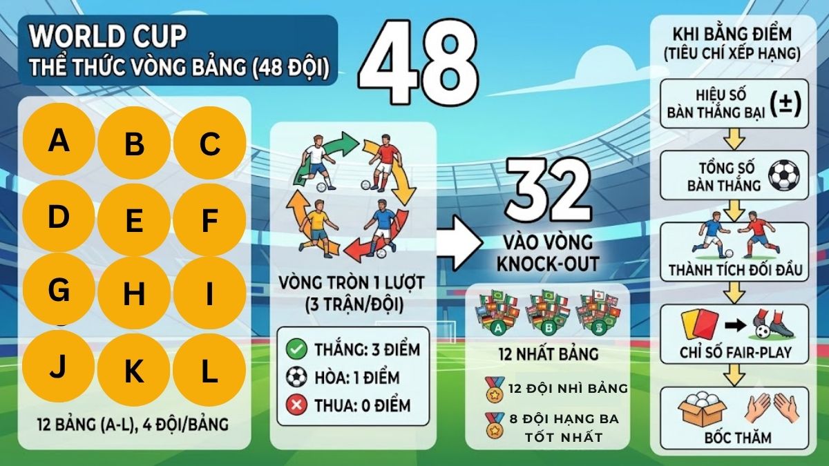 Sơ đồ cụ thể về thể thức thi đấu World Cup 2026 vòng bảng.