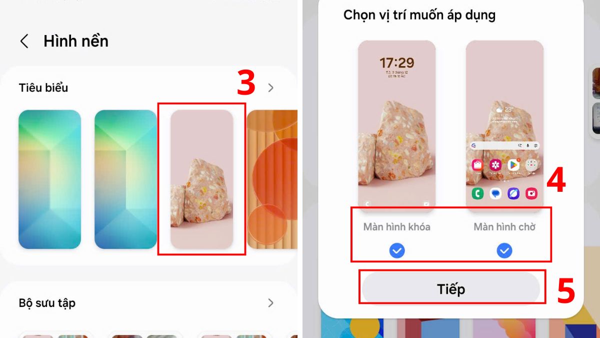 Cách thay đổi hình nền điện thoại Samsung Bước 3: Chọn vị trí áp dụng Màn hình khóa và Màn hình chờ