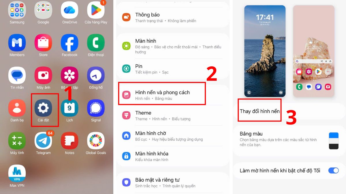 Cách thay hình nền điện thoại Samsung qua Cài đặt: Chọn Hình nền và phong cách