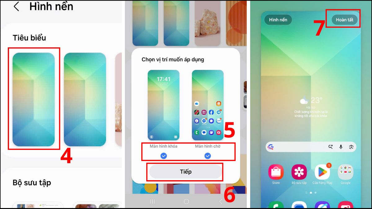 Cách thay đổi hình nền trên Samsung Bước 5: Chọn vị trí và Hoàn tất để lưu hình nền