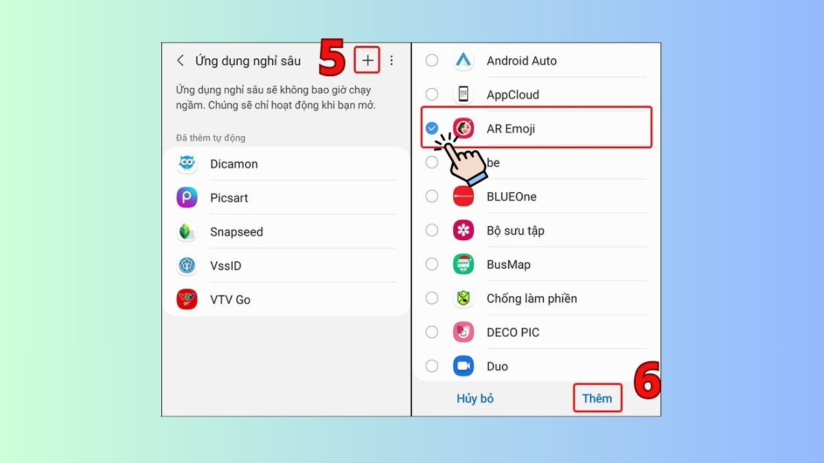 Thêm ứng dụng cần giới hạn giúp tiết kiệm pin Samsung hiệu quả