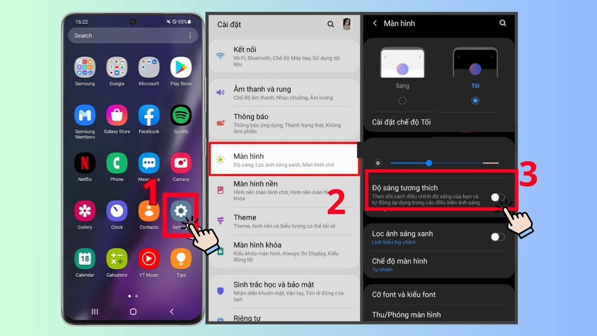 tối ưu pin điện thoại Samsung bật chế độ thích ứng độ sáng