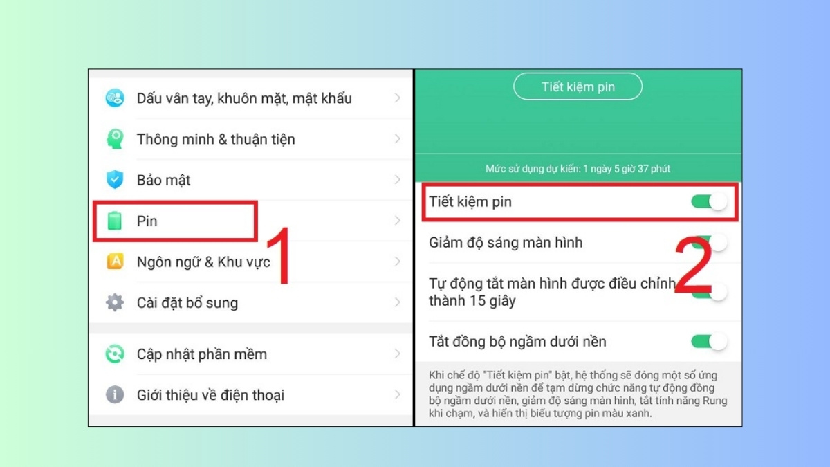 chế độ tiết kiệm pin samsung kích hoạt trong Cài đặt
