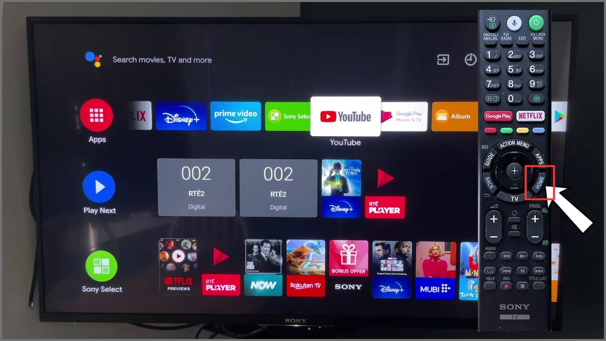 Nhấn nút Home trên remote xử lý tivi sony không vào được youtube.