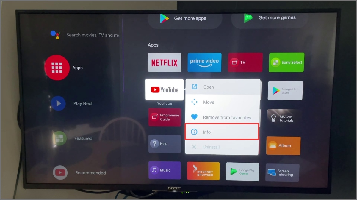 Mở Thông tin Info ứng dụng khắc phục tivi sony không vào được youtube.