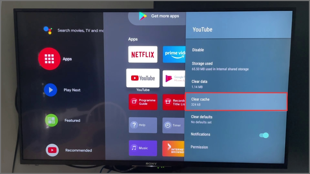 Chọn Clear cache bộ nhớ đệm xử lý tivi sony không vào được youtube.