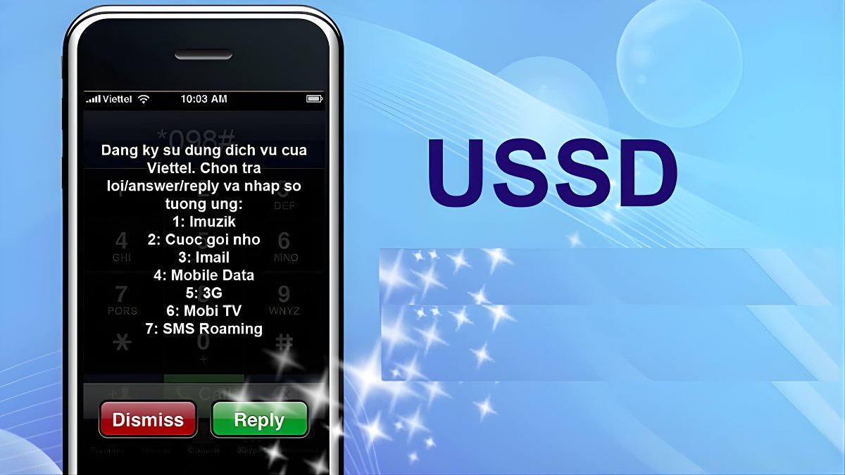 Màn hình điện thoại hiển thị giao diện ussd viettel là gì và mã dịch vụ đăng ký.