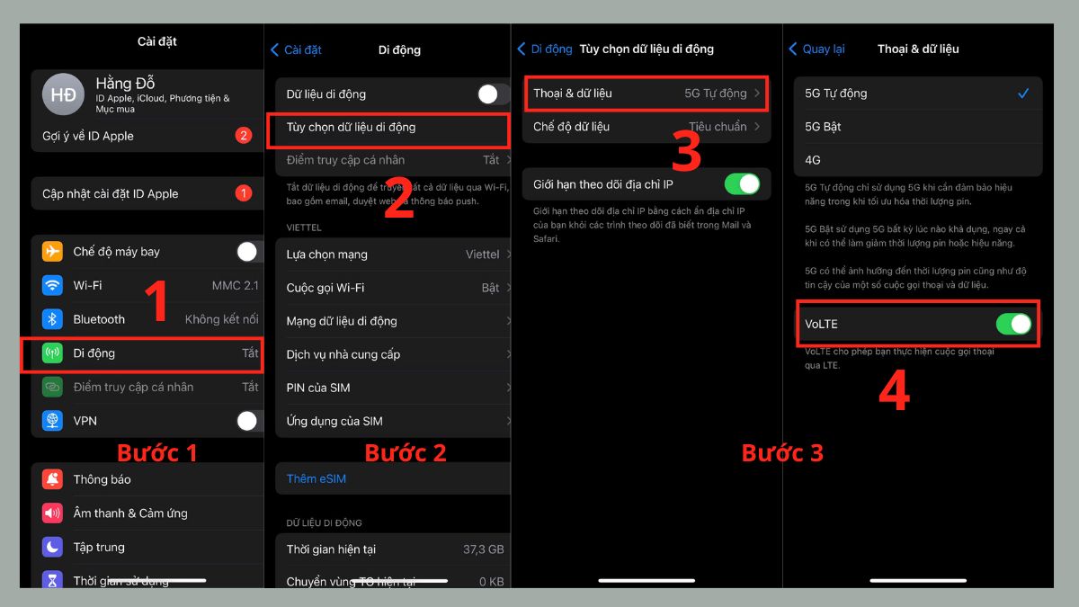 Hướng dẫn các bước kích hoạt volte là gì trên điện thoại iPhone trong phần cài đặt.