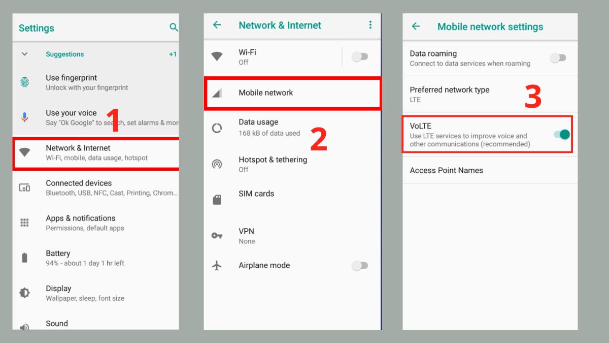Quy trình bật tính năng volte là gì trong mục cài đặt mạng di động trên Android.