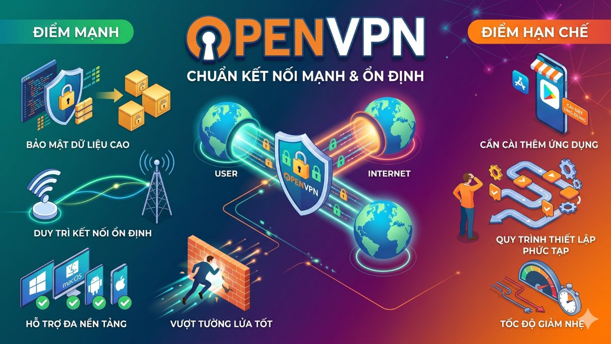 Đồ họa mạng vpn OpenVPN giúp người dùng hiểu rõ giao thức vpn là gì.