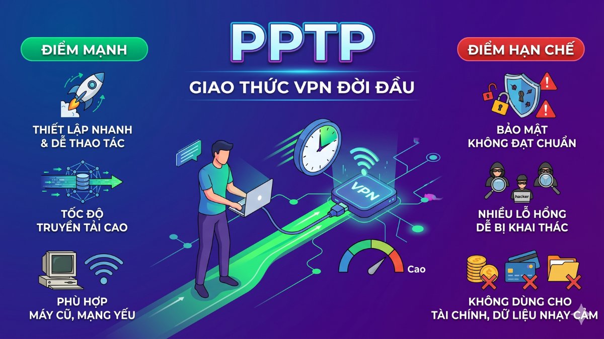 Đồ họa chi tiết về mạng vpn đời đầu PPTP giúp hiểu vpn là gì.