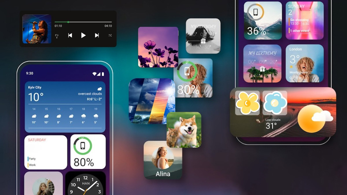 widget tốt nhất cho Android: Giao diện so sánh các loại widget khác nhau như widget thời tiết, widget nhạc, và widget ảnh.