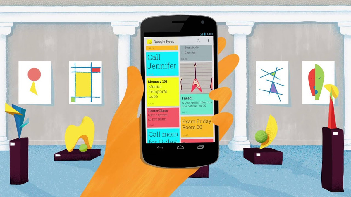 widget tốt nhất cho Android để quản lý công việc: Màn hình điện thoại hiển thị Google Keep với các ghi chú đầy màu sắc, widget đẹp cho Android linh hoạt.