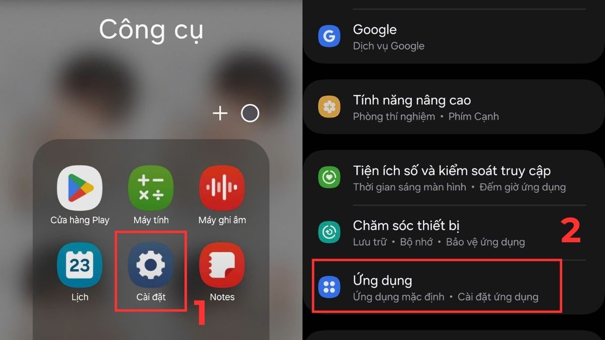 Màn hình Cài đặt > Ứng dụng trên Samsung, bước đầu tiên của cách xóa bộ nhớ đệm trên samsung từng ứng dụng.