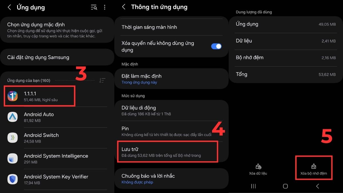 Màn hình Thông tin ứng dụng > Lưu trữ của một ứng dụng Samsung, bước chọn để xóa cache ứng dụng.