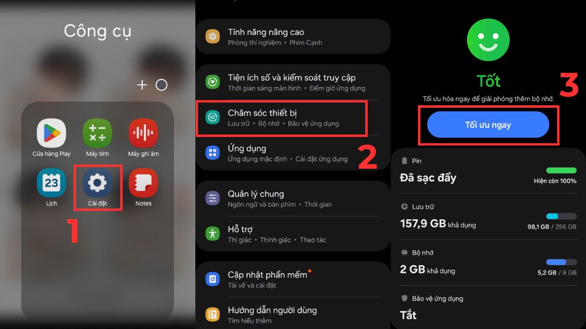 Màn hình Cài đặt trên Samsung, bước truy cập vào Chăm sóc thiết bị để xóa bộ nhớ đệm trên samsung.