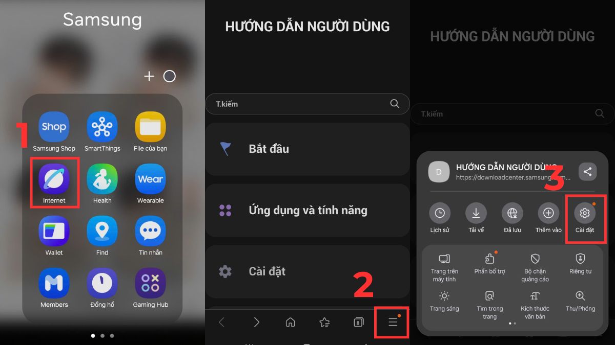 Giao diện trình duyệt Samsung Internet với Menu 3 gạch, bước đầu tiên để xóa bộ nhớ đệm trình duyệt và giải phóng không gian lưu trữ.