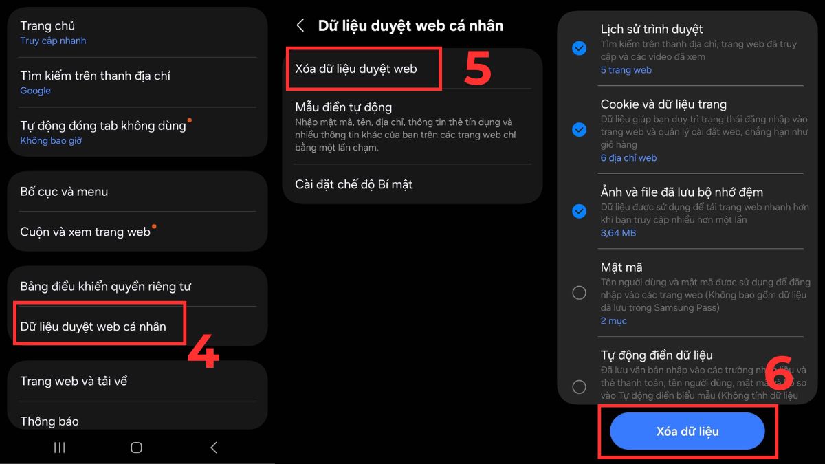 Màn hình tùy chọn Xóa dữ liệu duyệt web, thao tác cuối cùng để xóa bộ nhớ đệm trên điện thoại samsung cho trình duyệt.