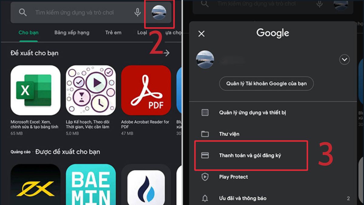 Hướng dẫn bước 2 cách thêm phương thức thanh toán: Vào biểu tượng tài khoản và chọn Thanh toán và gói đăng ký để quản lý cài đặt thanh toán.