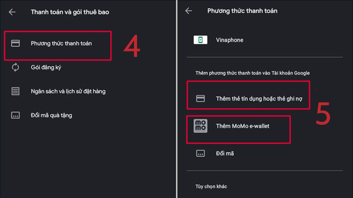 Hướng dẫn bước 3 cách thêm phương thức thanh toán: Chọn loại hình thanh toán (thẻ hoặc ví) để hoàn tất.