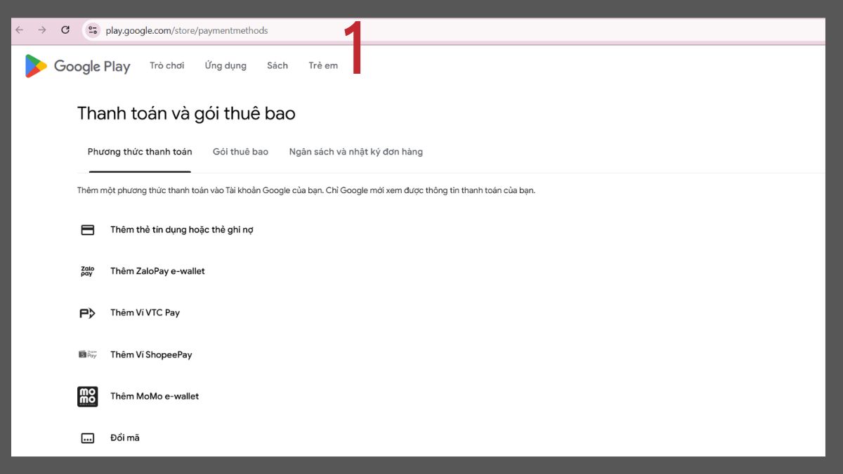 Truy cập trang web Google Play để thêm phương thức thanh toán hoặc chỉnh sửa xóa tài khoản thanh toán qua trình duyệt.