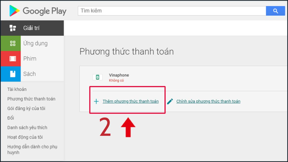Thao tác trên web Google Play để thêm phương thức thanh toán mới cho tài khoản của bạn.