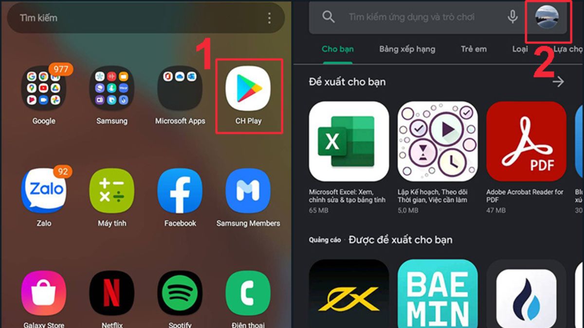 Hướng dẫn bước 1 xóa phương thức thanh toán trên CH Play: Mở ứng dụng CH Play và nhấn vào biểu tượng tài khoản.