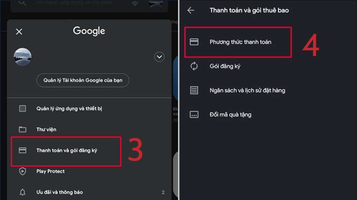 Hướng dẫn bước 2 xóa phương thức thanh toán trên CH Play (Ứng dụng): Chọn Thanh toán và gói đăng ký rồi chọn Phương thức thanh toán.