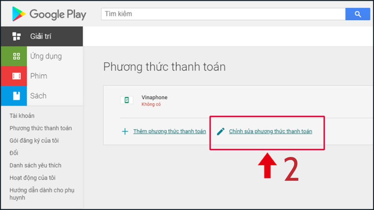 Thao tác tiếp theo để xóa phương thức thanh toán trên Google Play qua web: Nhấn vào Chỉnh sửa phương thức thanh toán để quản lý tài khoản thanh toán.
