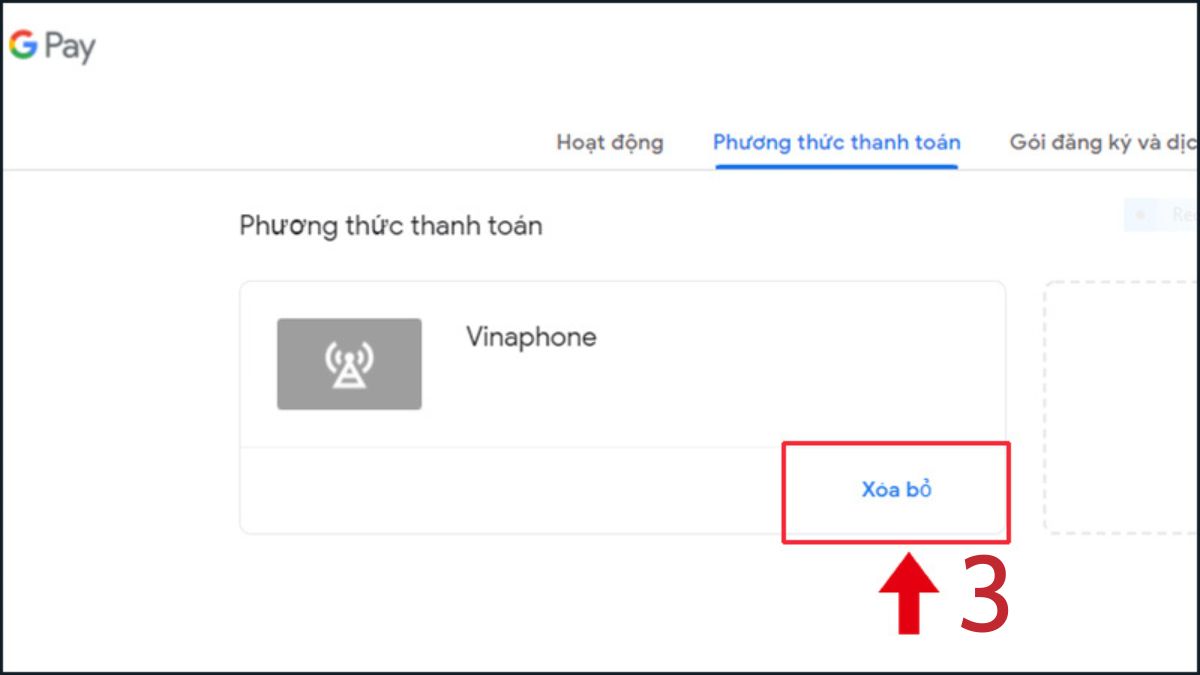 Hoàn tất xóa phương thức thanh toán trên Google Play qua web: Chọn hình thức không dùng (VinaPhone) và nhấn Xóa bỏ.