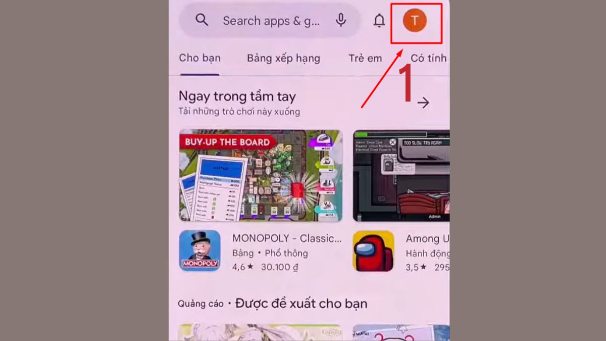 Hướng dẫn bước 1 xóa phương thức thanh toán trên CH Play (Ví điện tử): Mở CH Play và nhấn vào biểu tượng tài khoản ở góc trên bên phải.