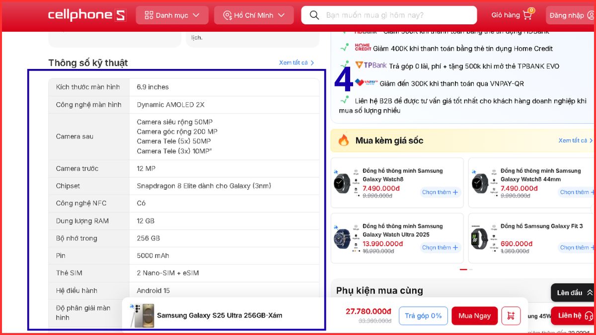 Bảng thông số kỹ thuật chi tiết khi xem cấu hình điện thoại samsung trực tuyến.