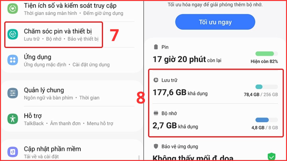 Xem cấu hình điện thoại Samsung trong mục Chăm sóc thiết bị để kiểm tra RAM.