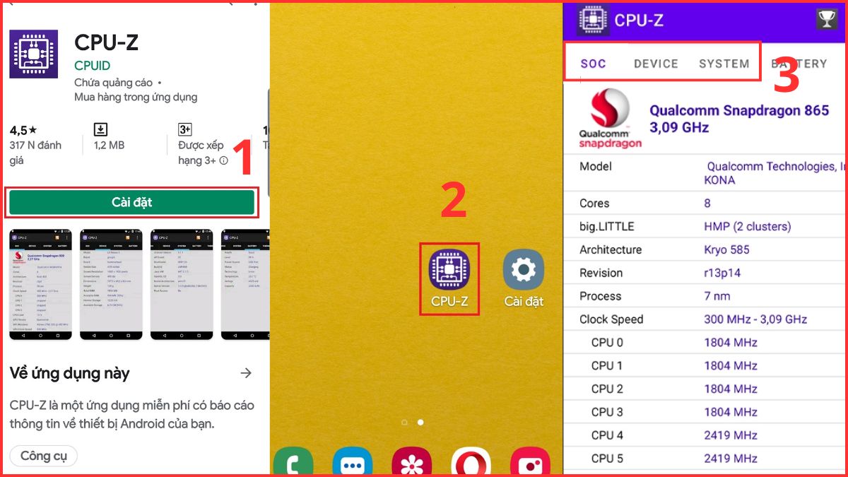 Dùng ứng dụng CPU-Z để xem cấu hình điện thoại Samsung chi tiết phần cứng.