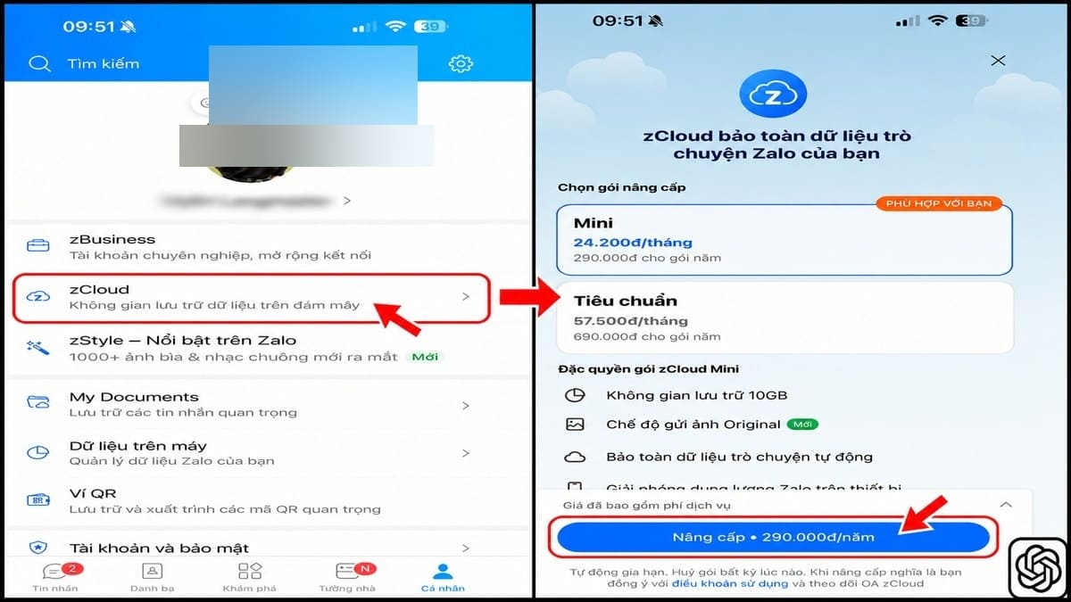 Các bước chọn gói dung lượng để người dùng đăng ký zCloud là gì trên điện thoại.