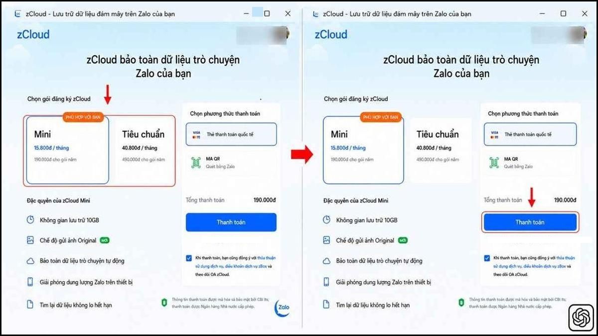 Giao diện chọn gói cước thanh toán khi thực hiện mua zCloud là gì trên máy tính.