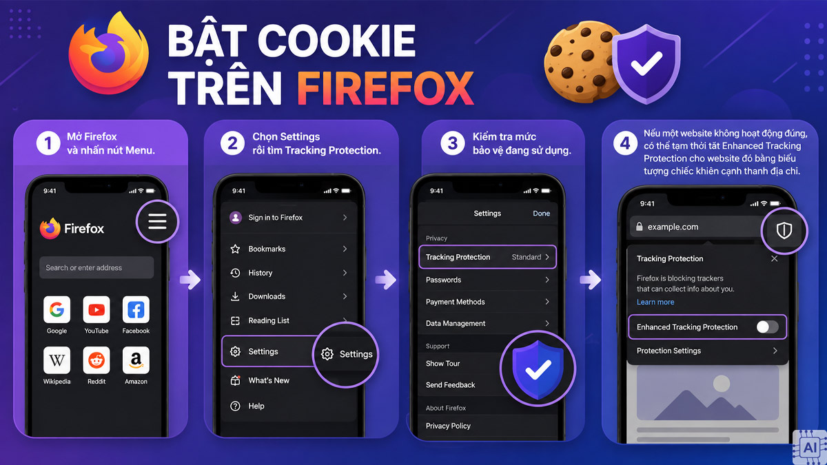 Cách bật cookie trên iPhone - Firefox