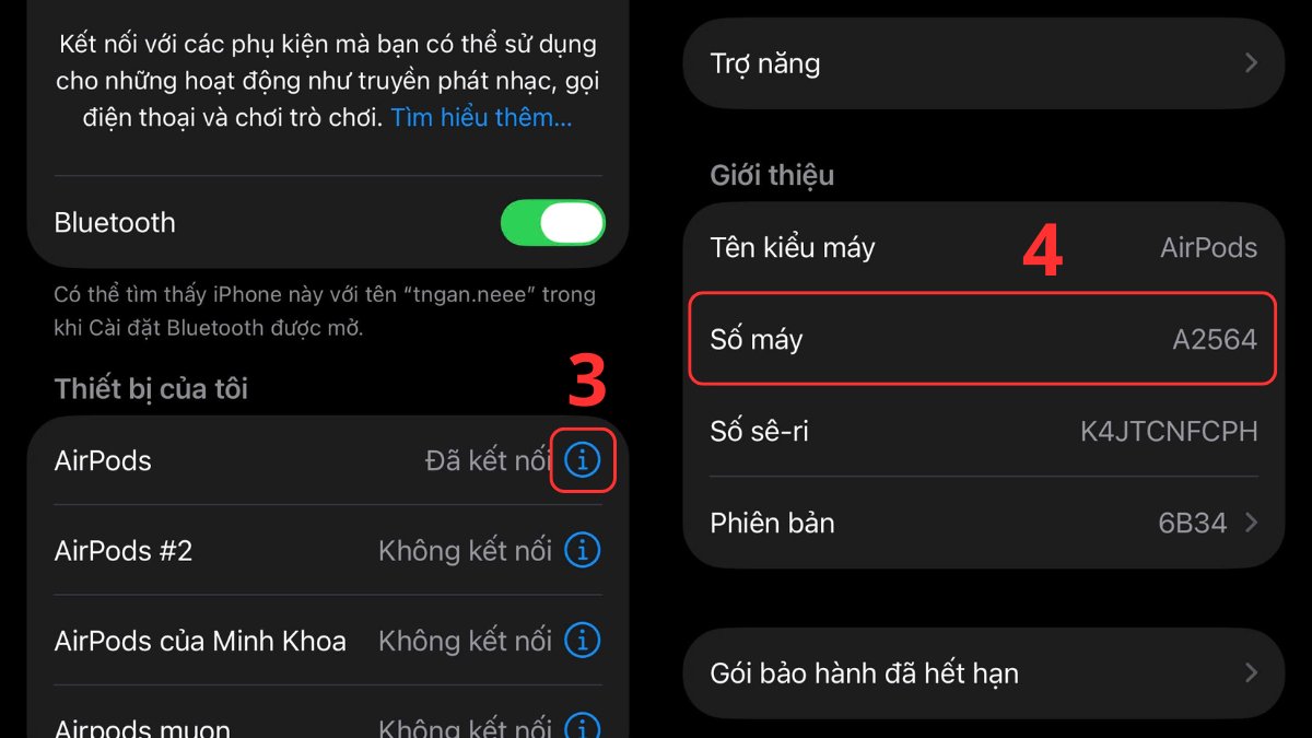 Cách check Airpods qua số kiểu máy trong phần Cài đặt bước 3, 4