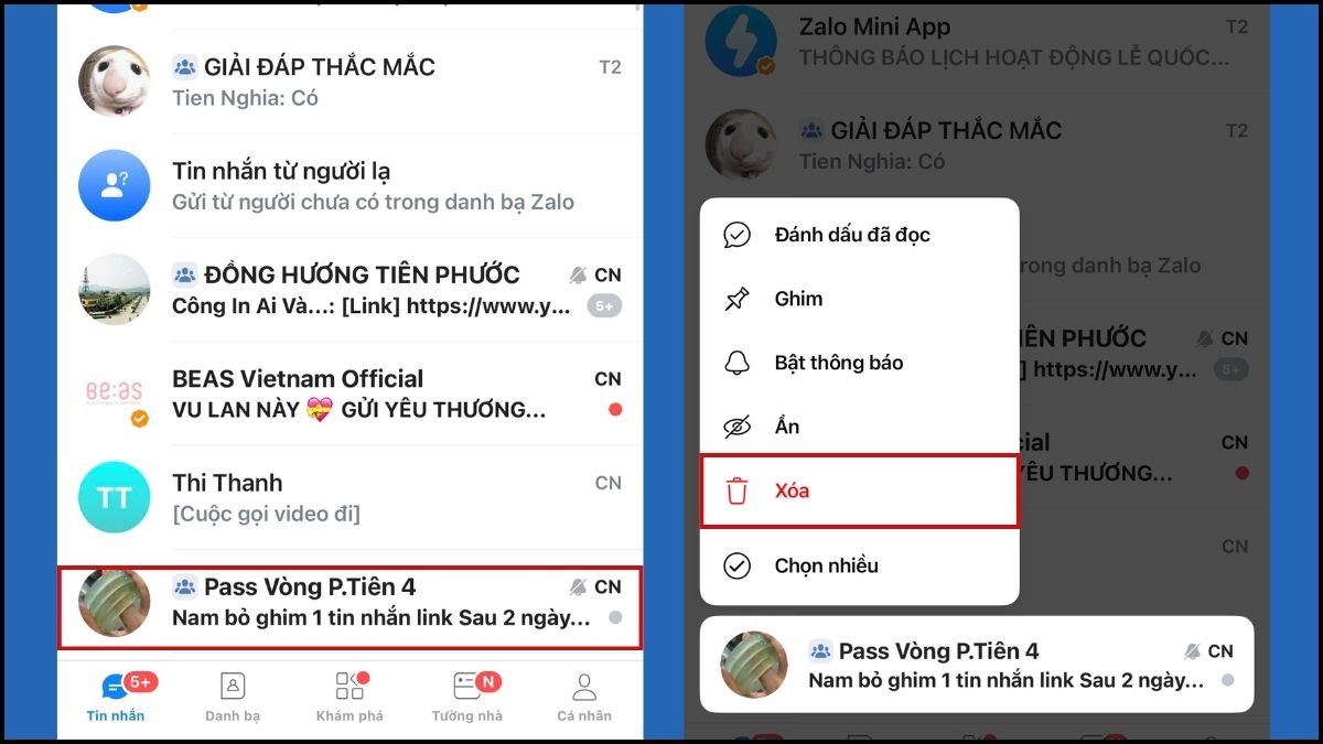Cách giải phóng dung lượng Zalo trên iPhone - Xóa cuộc trò chuyện bước 2