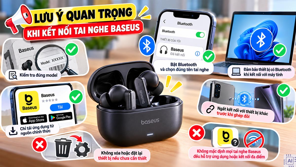 Cách kết nối tai nghe Baseus và lưu ý