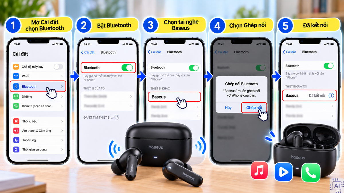 Cách kết nối tai nghe Baseus với điện thoại